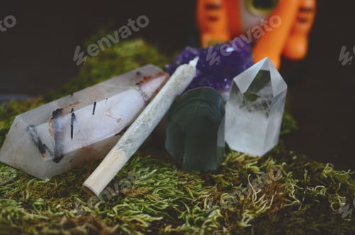 Preview: Healing Crystals And Medical Marijuana Joint. Beautiful Crystal Tower, Nice Mossy Fairy World