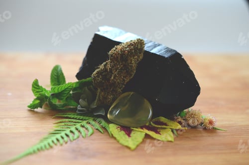 Preview: Bright, Macro Photo Of Medicinal Marijuana. Legal Weed, Cannabis Flowers And Healing Crystals