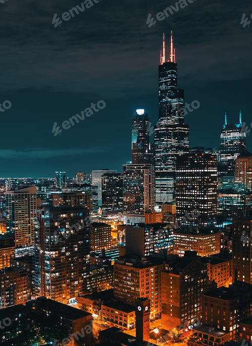 Preview: Downtown Chicago Cityscape Skyscrapers Skyline At Night