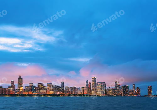 Preview: Downtown Chicago Cityscape Skyline At Twilight With Lake Michigan In The Foreground