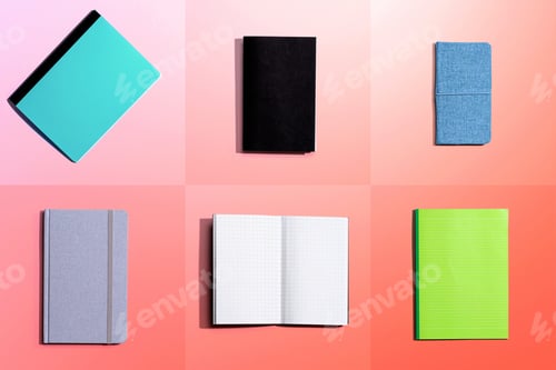 Preview: Variety Of Notebooks And Notepads On Tiled Desk Flatlay From Above