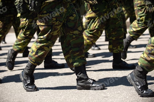 Preview: Military Marching In A Street. Legs And Shoes In Line.