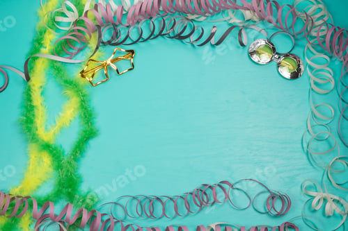 Preview: Ribbon Strip Feather On The Edge Of A Poster With Space For Text With A Glass And Mask