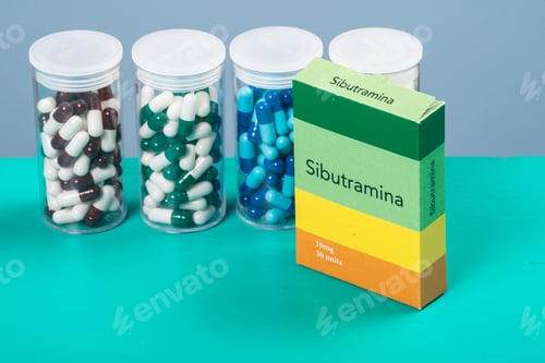 Preview: Colored Capsule Of Medication In Transparent Plastic Storage Container And Obesity Medicine Box