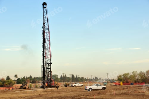 Preview: A Power Auger To Drill Deep Holes Is Supported By A Crane On A Construction Job Site