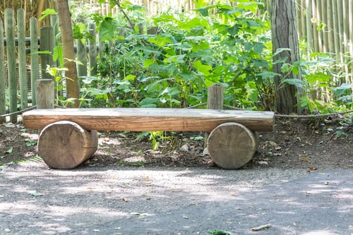 Preview: Rough Plank Wood Bench With Wood Wheels