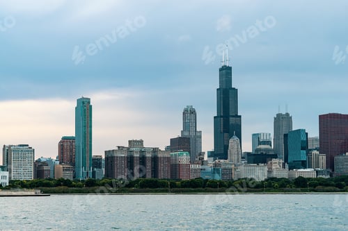 Preview: Chicago Skyline Skyscrapers At Twilight With Lake Michigan In The Foreground