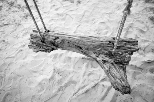 Preview: Wooden Swing And Sand Beach Background. Black And White Tone.