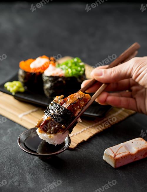 Preview: Sushi Japanese Eel On Black Table Background