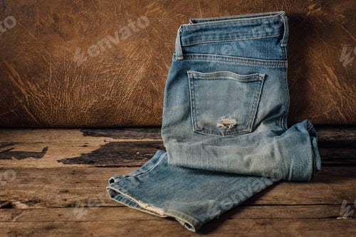 Preview: Lack Old Jeans On Wooden Floor With Brown Leather Background