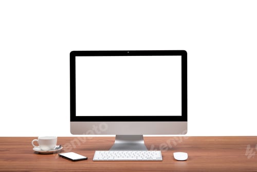 Preview: Computer With Isolated Screen Stands On The Table In The Office With Phone And Coffee Cup