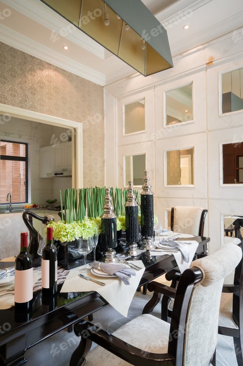 Preview: Elegant Table Setting with Wine in Dining Room