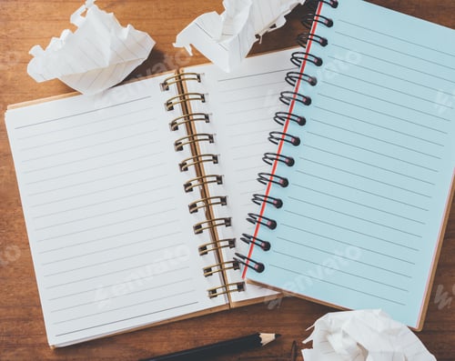 Preview: Note Book And Pencil With Crumpled Paper On Wooden Background,Vintage Filter