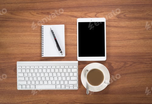 Preview: Smartphone, Tablet And Coffee Cup With Financial Documents On Wooden Table