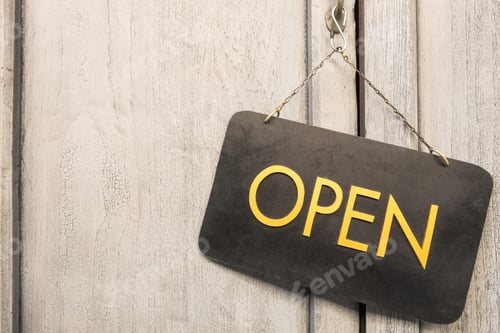 Preview: Open Sign On Old Wood Door.