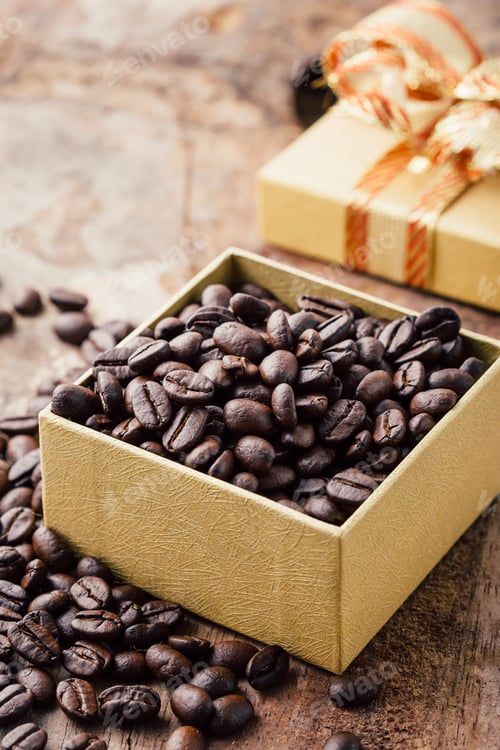 Preview: Coffee Beans In Gift Box On Wooden Floor