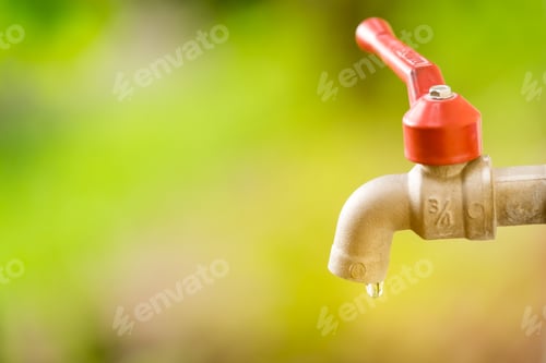 Preview: Water Drop From Old Faucet Against Green Bokeh From Tree Background. Water Shortage Concept.