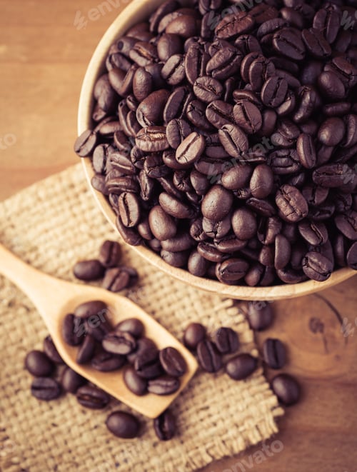 Preview: Coffee Beans In Wooden Bowl On Wooden Background,Vintage Ton,Vintage Filter