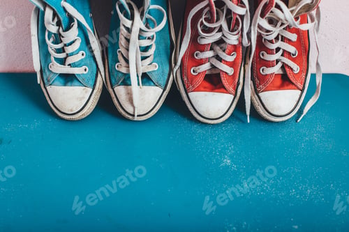 Preview: Red Sneakers And Blue Sneakers On Blue Floor ,Filter Vintage