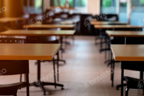Preview: Tables And Chairs That Is Arranged Spaced Or Social Distancing In The Dining Room Without People.