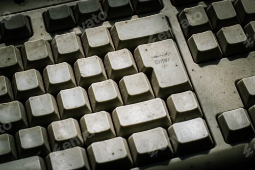 Preview: A Close View Of Some Keys On A Dirty, Yellowed Keyboard. Close Up Enter Button