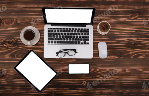 Preview: Top View Wooden Office Desk With Copy Space