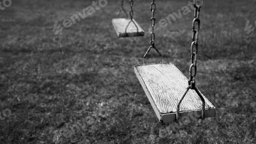 Preview: Old Wooden Swing In The Garden. Black And White Tone.