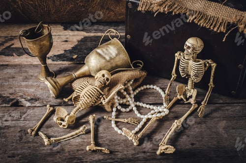 Preview: Still Life With Skeleton With Old Leather Handbag And Pearls,Old Trophies