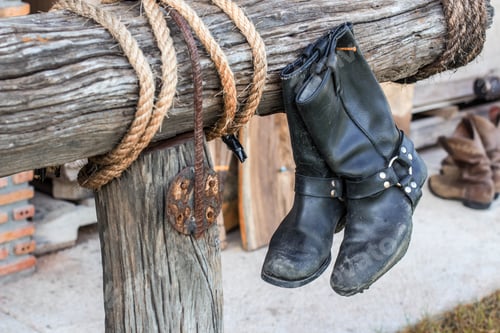 Preview: Old Vintage Leather Boots Hang On The Wooden Wall