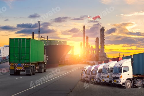 Preview: Container Cargo Freight Ship With Working Crane Bridge In Shipyard At Dusk For Logistic Import