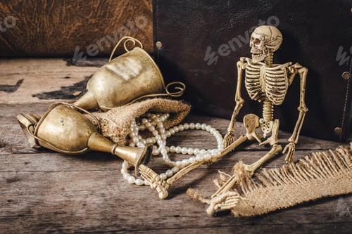 Preview: Still Life With Skeleton With Old Leather Handbag And Pearls,Old Trophies