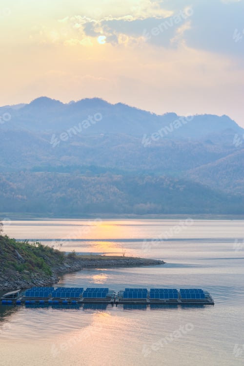 Preview: Solar Cells On The Lake Of Srinagarindra Dam On Khwae Yai River Thailand
