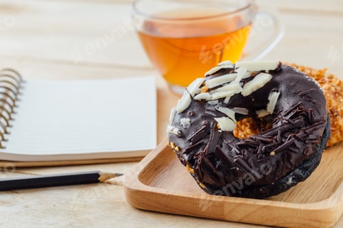 Preview: Doughnuts and Tea with Notepad and Pencil