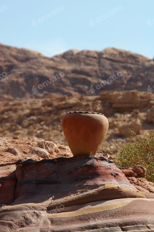 Preview: Clay Pots Part Postcard Against Sandstone Background Of Landmark Park Of Petra Jordan