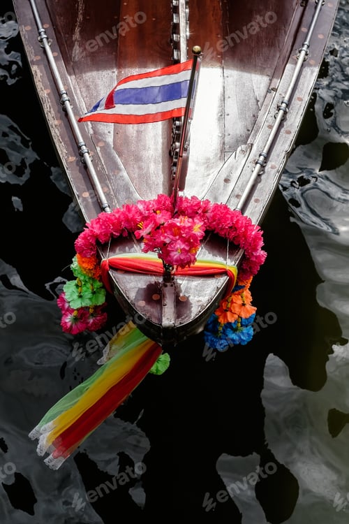 Preview: Garland And Thailand Flag On The Head Of Boat.