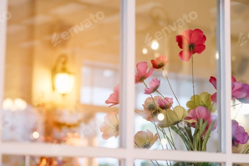 Preview: Colorful Decoration Artificial Flower In Window. Vintage Color.