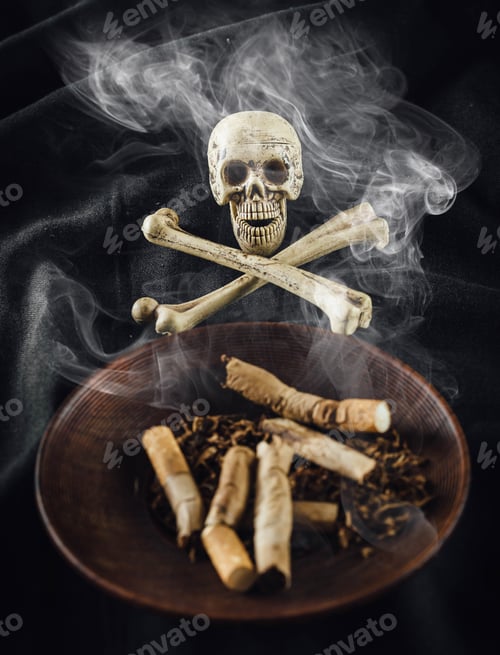 Preview: Still Life Of Model Skeletons With Cigarettes On Wooden Floor,Skull And Crossbones