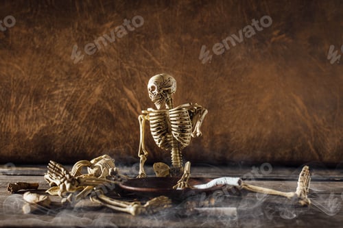 Preview: Still Life Of Model Skeletons With Cigarettes On Wooden Floor
