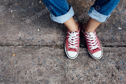 Preview: Red Sneakers Shoes Walking On Street
