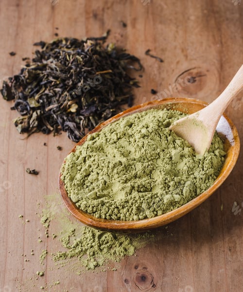 Preview: Powder Green Tea And Dry Leaves Green Tea On Wooden Background