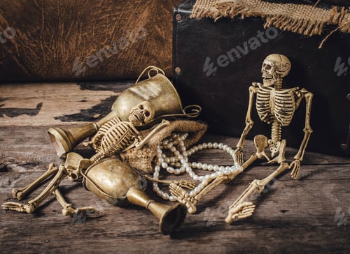 Preview: Still Life With Skeleton With Old Leather Handbag And Pearls,Old Trophies