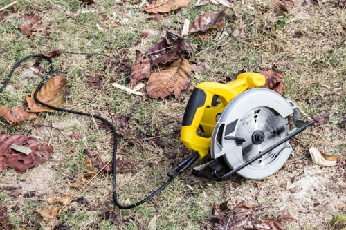 Circular Saw on Grass and Fallen Leaves