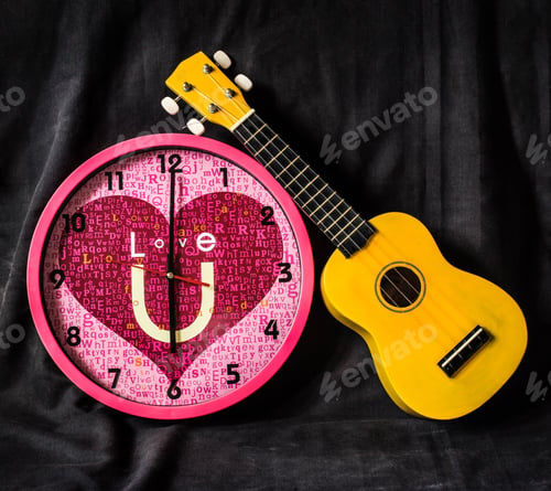 Preview: Wall Clock Of Love And Yellow Ukulele Guitar