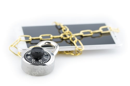 Preview: Smart Phone With Golden Chain And Padlock Isolated On White Background.
