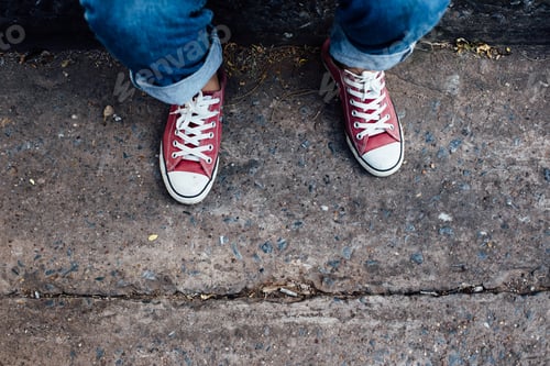 Preview: Red Sneakers Shoes Walking On Street