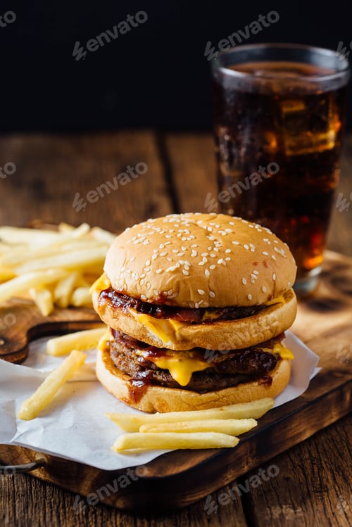 Preview: Junk Food With Burger And French Fries On Wooden Table Background