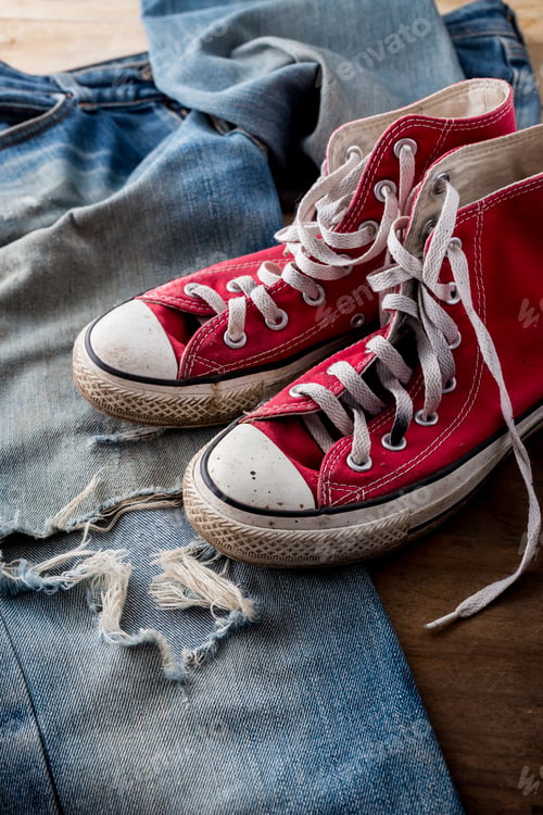 Preview: Red Sneakers On Old Jeans