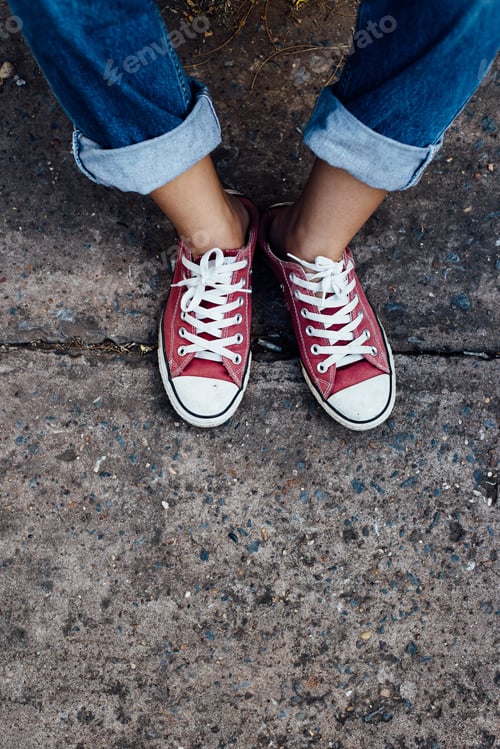 Preview: Red Sneakers Shoes Walking On Street