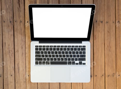 Preview: Open Laptop With Isolated Screen On Old Wooden Desk.