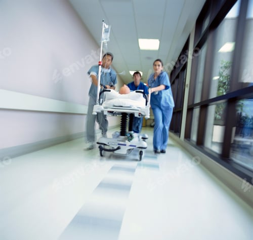 Preview: Doctors In Scrubs Rushing Patient On Hospital Gurney Through Corridor